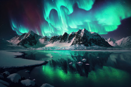 Aurora borealis northern landscape. Generative AIの素材