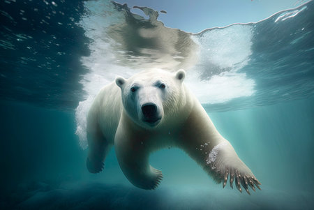Large polar bear submerged and diving to hunt under water in the ocean. Generative AIの素材