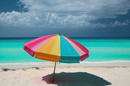 Multicolored umbrella on a paradise beach. Generative AIの素材