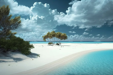 Paradise beach of white sand, turquoise waters and palm trees. Generative AIの素材