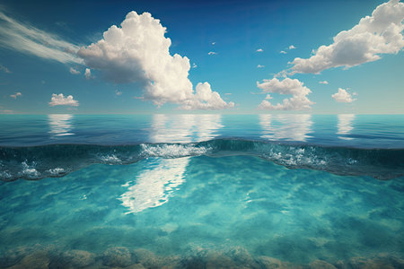 Turquoise blue ocean seascape, blue sky and big cotton clouds. Generative AIの素材