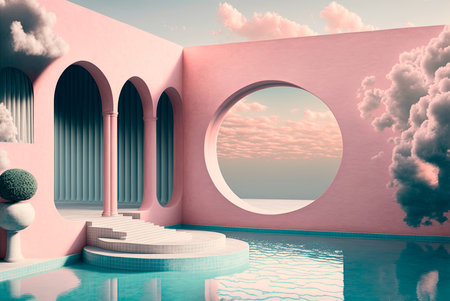 Fictitious futuristic construction. Concrete walls and floors and different decorative architectural elements. Swimming pool integrated in which reflect different elements. Generative AIの素材