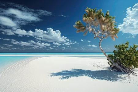 Paradise beach of white sand, turquoise waters and palm trees. Generative AIの素材