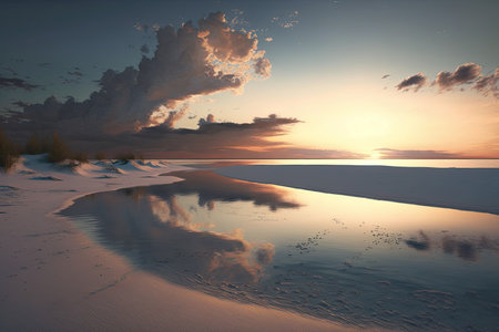 Idyllic tropical beach at sunset. Generative AIの素材