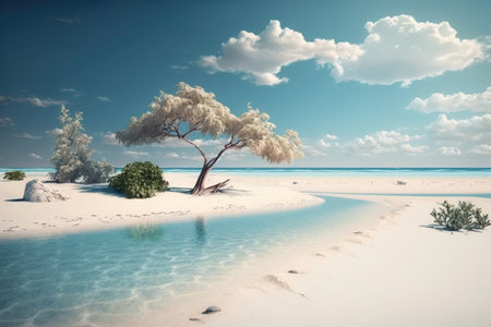 Paradise beach of white sand, turquoise waters and palm trees. Generative AIの素材