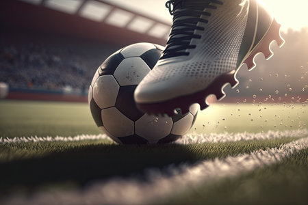 Feet of a soccer player playing soccer in a stadium. Generative AIの素材
