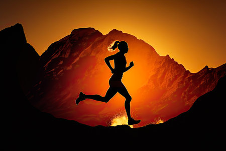 Silhouette of sportswoman running in nature at sunset. Generative AIの素材
