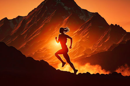 Silhouette of sportswoman running in nature at sunset. Generative AIの素材