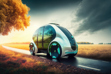 Futuristic electric car on a road in the countryside. Generative AIの素材