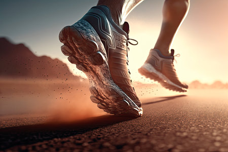 Close-up of the feet of a runner in running shoes starting the race in an urban street with sunset light. Generative AIの素材