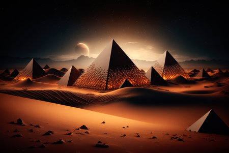 Futuristic conceptual landscape with metal pyramids with interior light in a desert environment with twilightの素材
