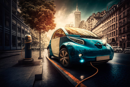 Futuristic electric car on a city street. Generative AIの素材