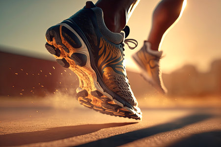 Close-up of the feet of a runner in running shoes starting the race in an urban street with sunset light. Generative AIの素材