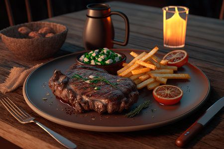 Delicious freshly cooked steak with garnish and french fries. Generative AIの素材