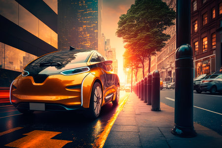 Futuristic electric car on a city street. Generative AIの素材