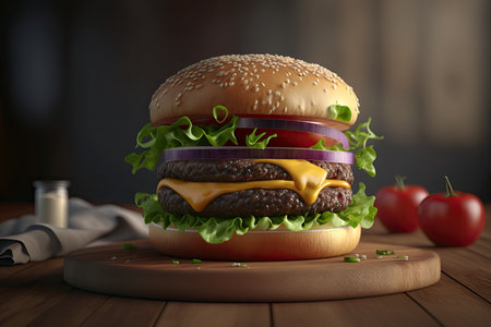 Delicious burger with tomato, lettuce and cheese. Generative AIの素材