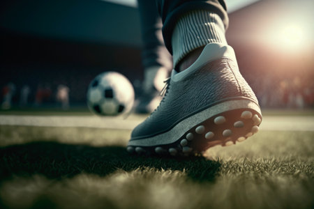 Feet of a soccer player playing soccer in a stadium. Generative AIの素材