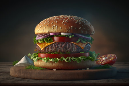 Delicious burger with tomato, lettuce and cheese. Generative AIの素材