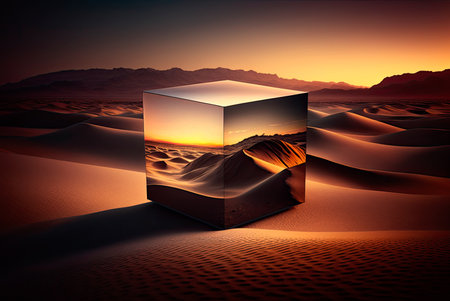 Futuristic conceptual landscape with metal cube with interior light in a desert environment with twilightの素材