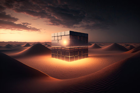 Futuristic conceptual landscape with metal cube with interior light in a desert environment with twilightの素材