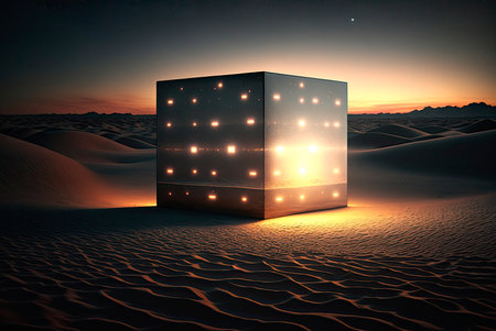 Futuristic conceptual landscape with metal cube with interior light in a desert environment with twilightの素材