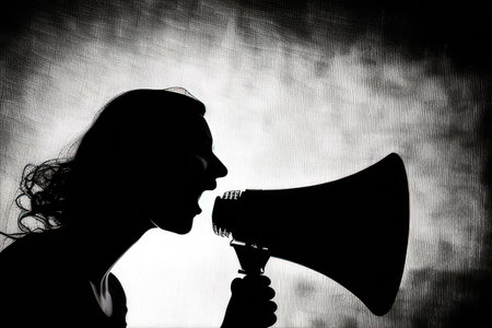 Woman speaking on loudspeaker. Feminism concept. Generative AIの素材