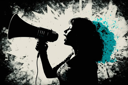 Woman speaking on loudspeaker. Feminism concept. Generative AIの素材