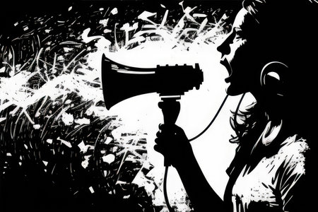 Woman speaking on loudspeaker. Feminism concept. Generative AIの素材