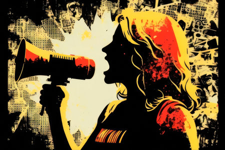 Woman speaking on loudspeaker. Feminism concept. Generative AIの素材