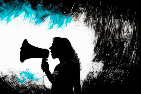 Woman speaking on loudspeaker. Feminism concept. Generative AIの素材