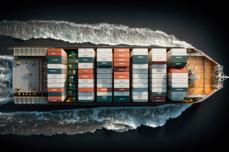 Aerial view of a large container ship in the ocean. Generative AIの素材