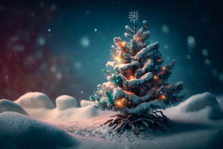 Festive winter christmas festive background with christmas tree christmas ornaments and background with blurred bokeh. Generative AIの素材
