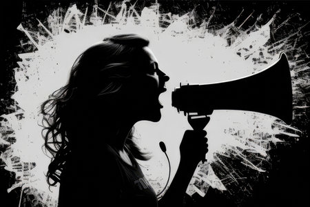 Woman speaking on loudspeaker. Feminism concept. Generative AIの素材