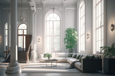 Modern and minimalist living room. Large windows that illuminate the room with natural light. Generative AIの素材