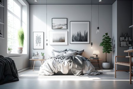 Modern and minimalist bedroom. Large windows that illuminate the room with natural light. Generative AIの素材