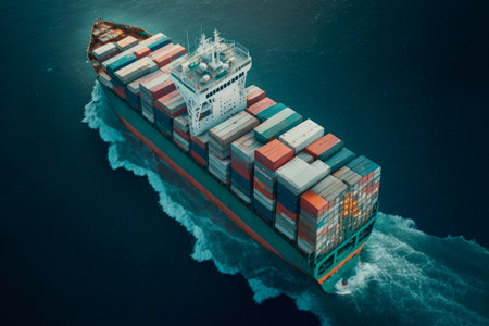 Aerial view of a large container ship in the ocean. Generative AIの素材