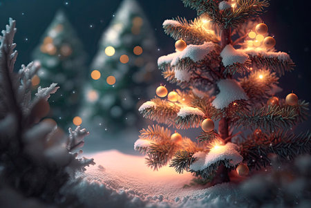 Festive winter christmas festive background with christmas tree christmas ornaments and background with blurred bokeh. Generative AIの素材