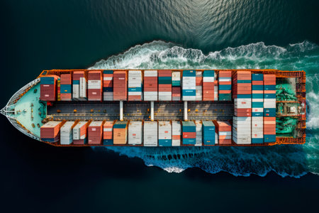 Aerial view of a large container ship in the ocean. Generative AIの素材