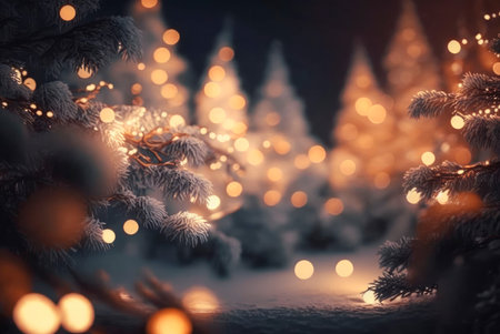 Festive winter christmas festive background with christmas tree christmas ornaments and background with blurred bokeh. Generative AIの素材