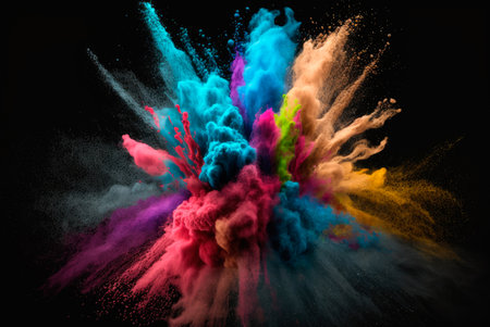 Multicolored explosion of rainbow holi powder paint isolated on black background. Generative AIの素材
