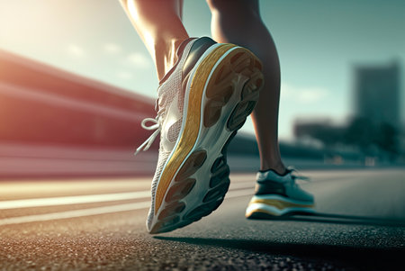 Close-up of the feet of a runner in running shoes starting the race in an urban street with sunset light. Generative AIの素材