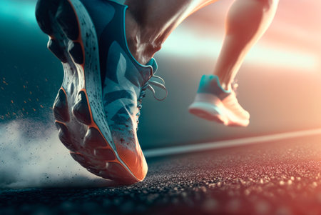 Close-up of the feet of a runner in running shoes starting the race in an urban street with sunset light. Generative AIの素材