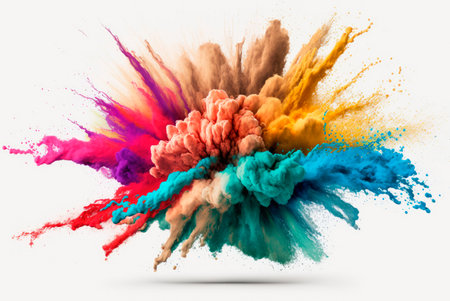 Multicolored explosion of rainbow holi powder paint isolated on white background. Generative AIの素材
