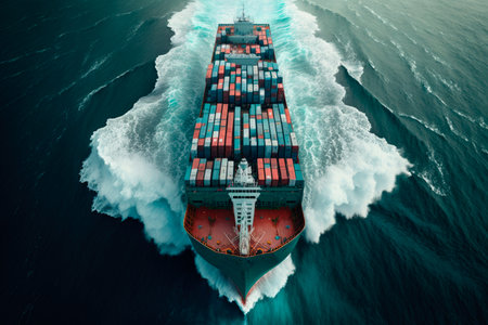 Aerial view of a large container ship in the ocean. Generative AIの素材
