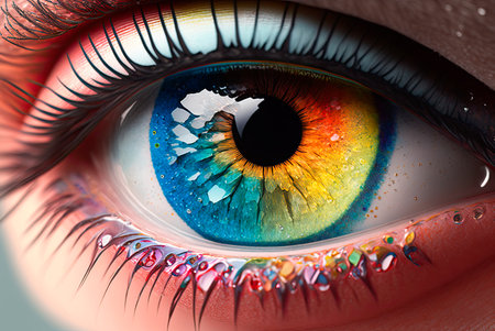 Close-up of a woman's eye with multicolored iris. Generative AIの素材