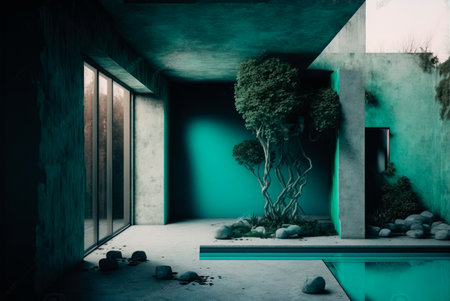 Fictitious futuristic construction. Concrete walls and floors and different decorative architectural elements. Swimming pool integrated in which reflect different elements. Generative AIの素材