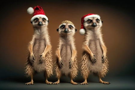 Meerkats with Santa hats. Generative AIの素材