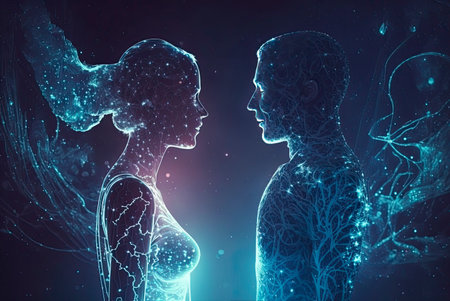 Spiritual representation of the silhouette of a couple of man and woman on a cosmic background.. Generative AIの素材