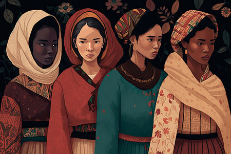 Illustration showing a group of women of different ethnicities. Generative AIの素材