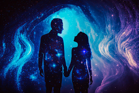 Spiritual representation of the silhouette of a couple of man and woman on a cosmic background.. Generative AIの素材